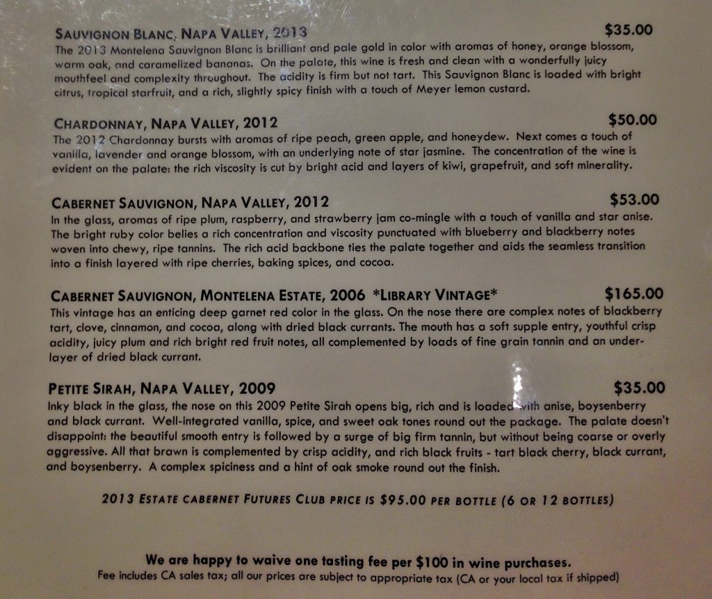 wineries in Napa Valley menu