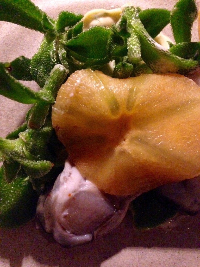 Shelled Pacific Oyster with ice plant and persimmon