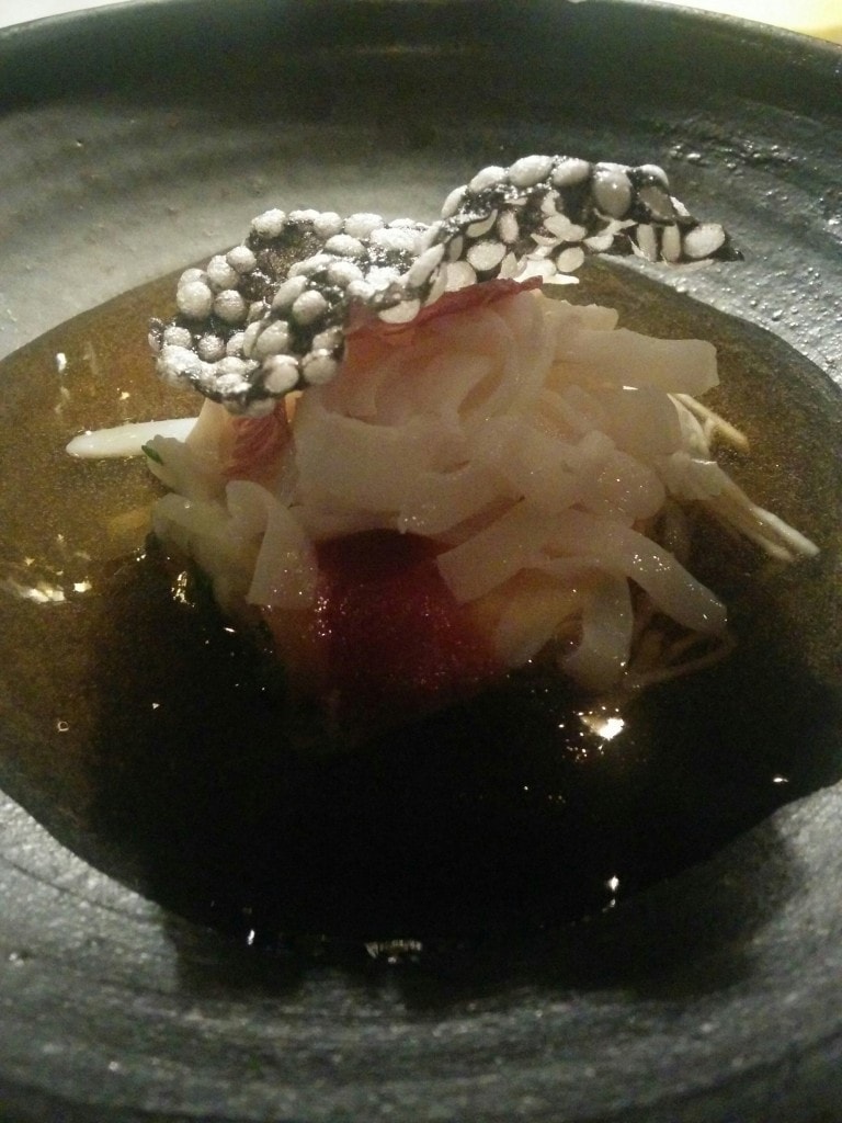 Southern calamari with Iberico jamon, dashi custard and shitake mushroom tea