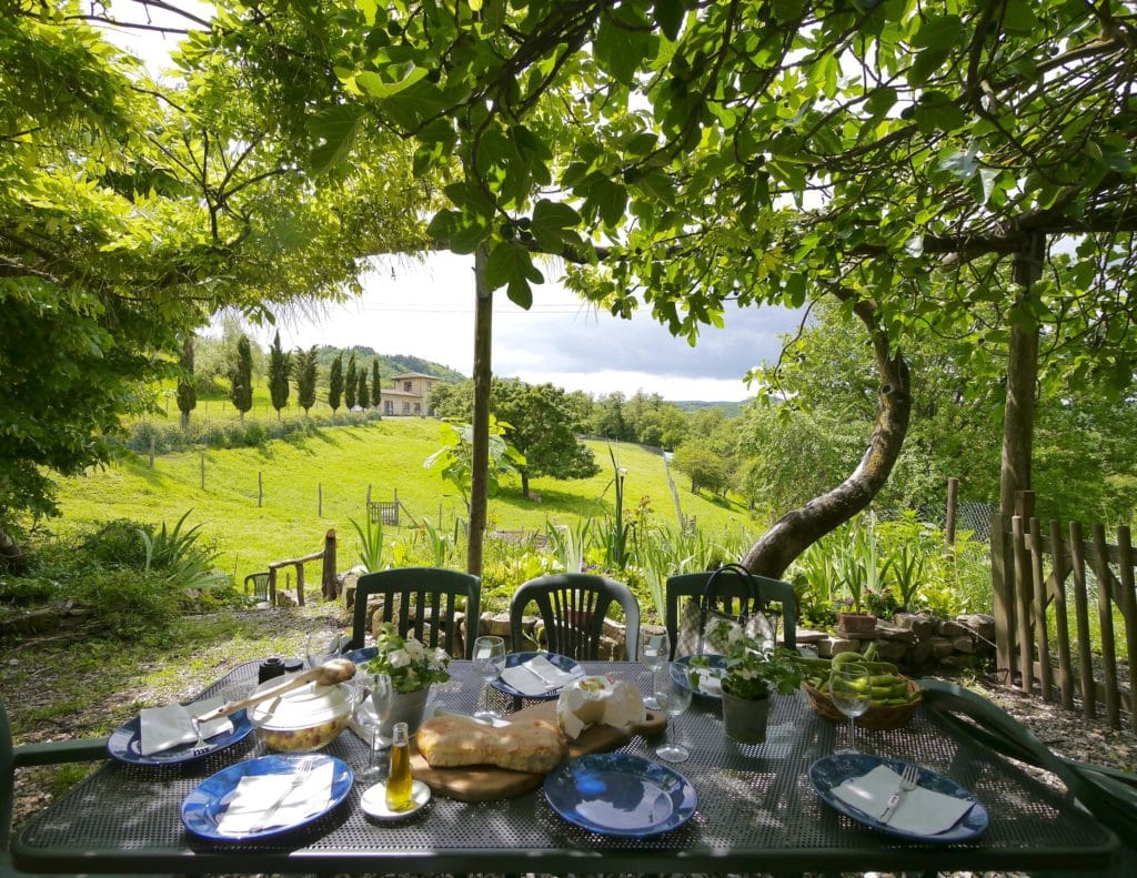 Enjoying Italian lunch under the shaded patio