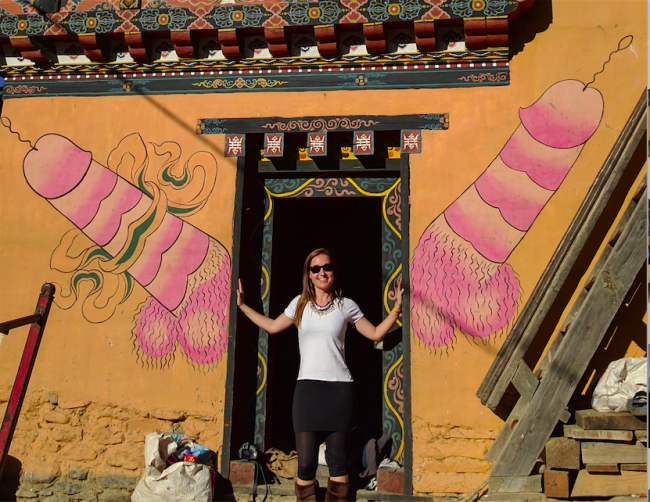 Phallus on facade next to Chimi Lhakhang