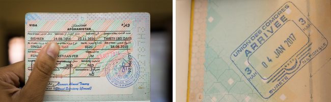 Passport stamps for Afghanistan and Comoros