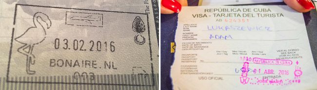 Passport stamp for Bonaire and Cuba