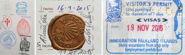 Passport stamps for Camino de Santiago and Falkland Islands