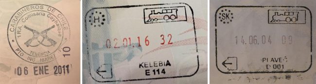 Passport stamps for Carabineros de Chile, Kelebia and Slovakia by train