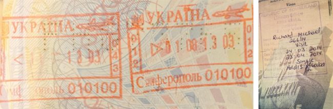 Passport stamps for Simferopol and Somaliland