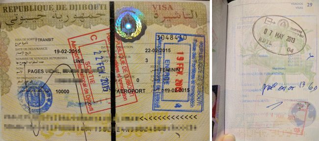 Passport stamps for Djibouti and East Timor