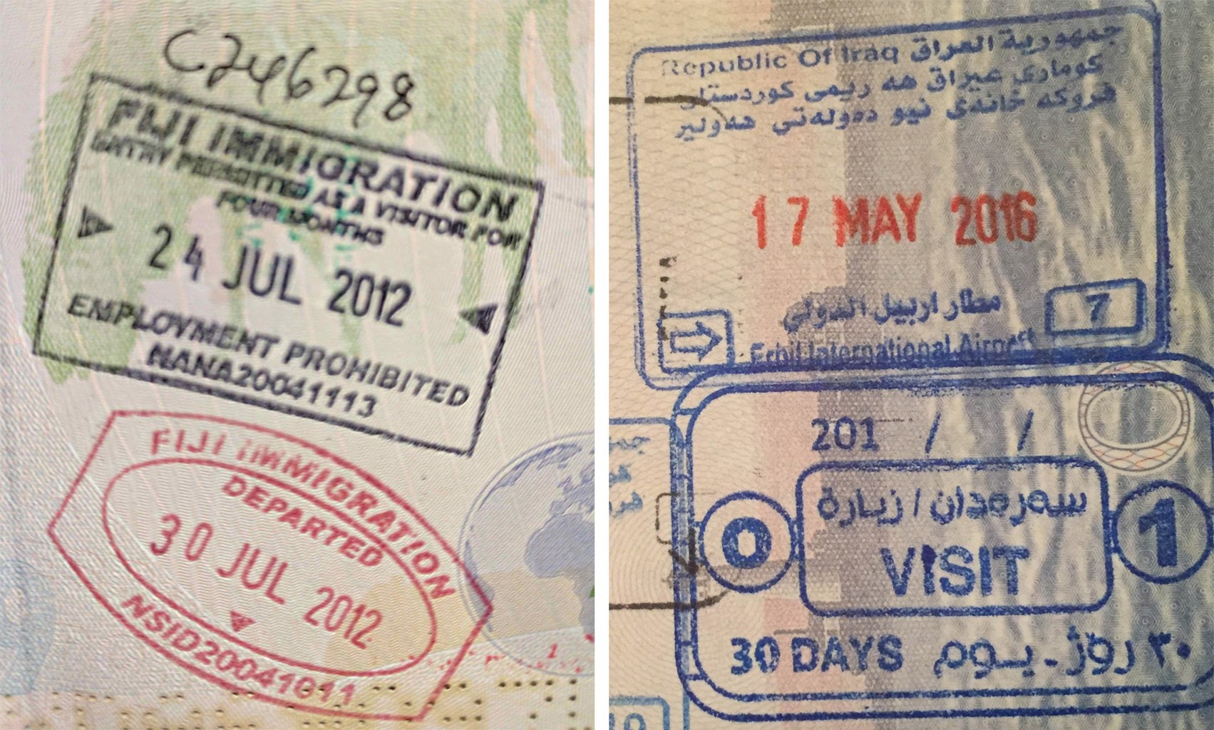 Passport stamp for Fiji and Iraq