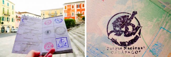 Passport stamps for Via Francigena and Galapagos