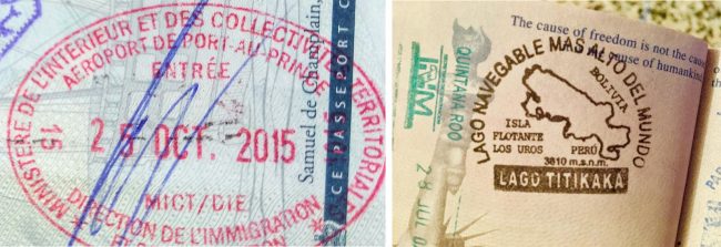 Passport stamps for Haiti and Lake Titicaca