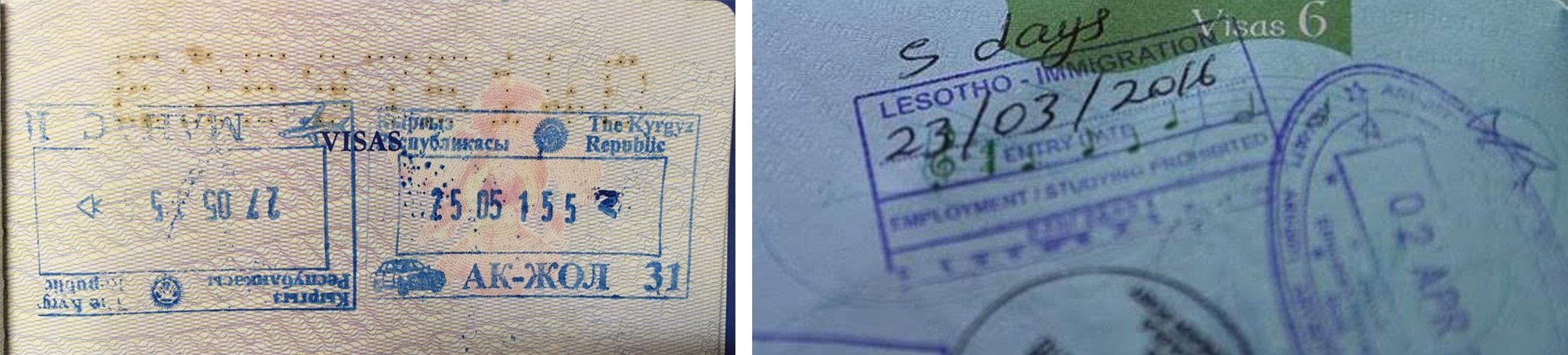 Passport stamp for Kyrgyzstan and Lesotho