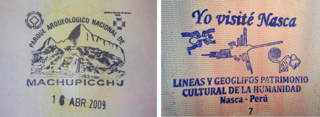 Passport stamps for Machu Picchu and Nazca