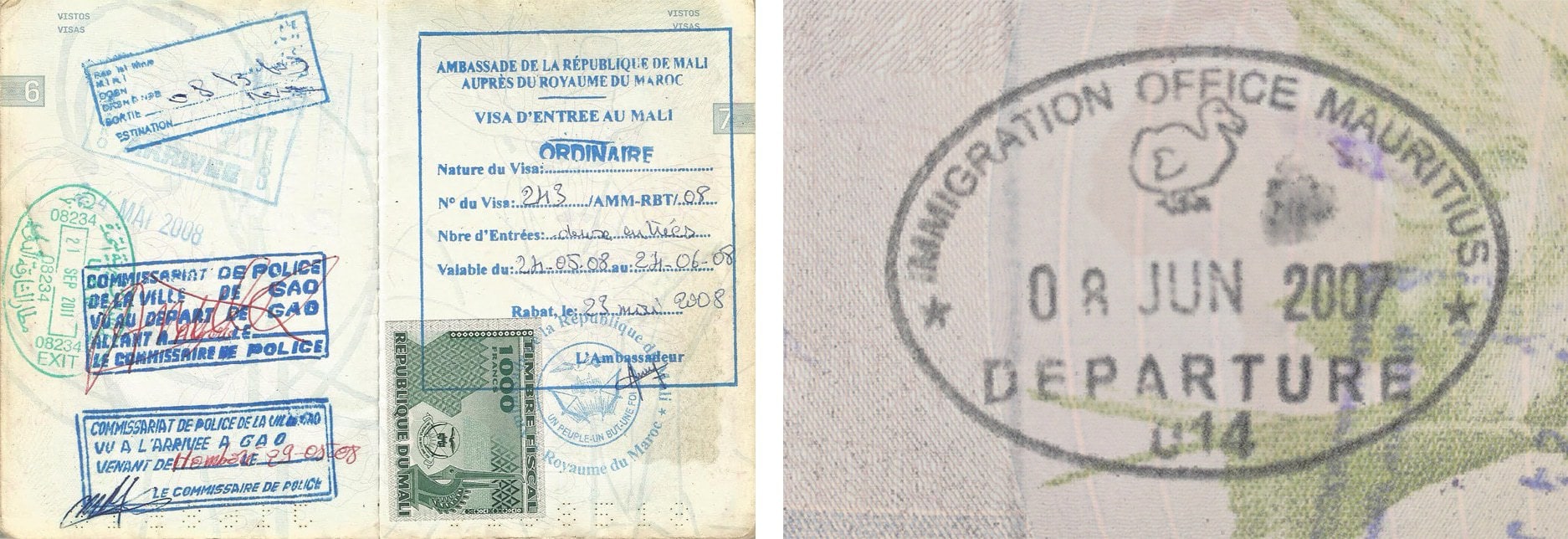 Passport stamp for Mali and Mauritius
