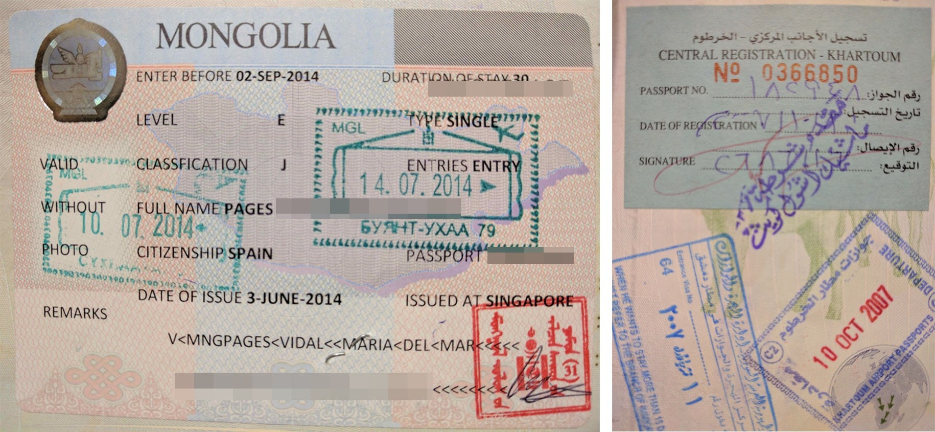 Passport stamp for Mongolia and North Sudan