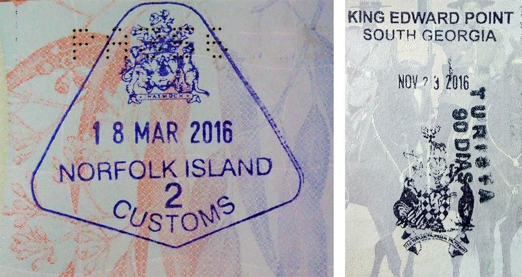 Passport stamps for Norfolk Island and South Georgia