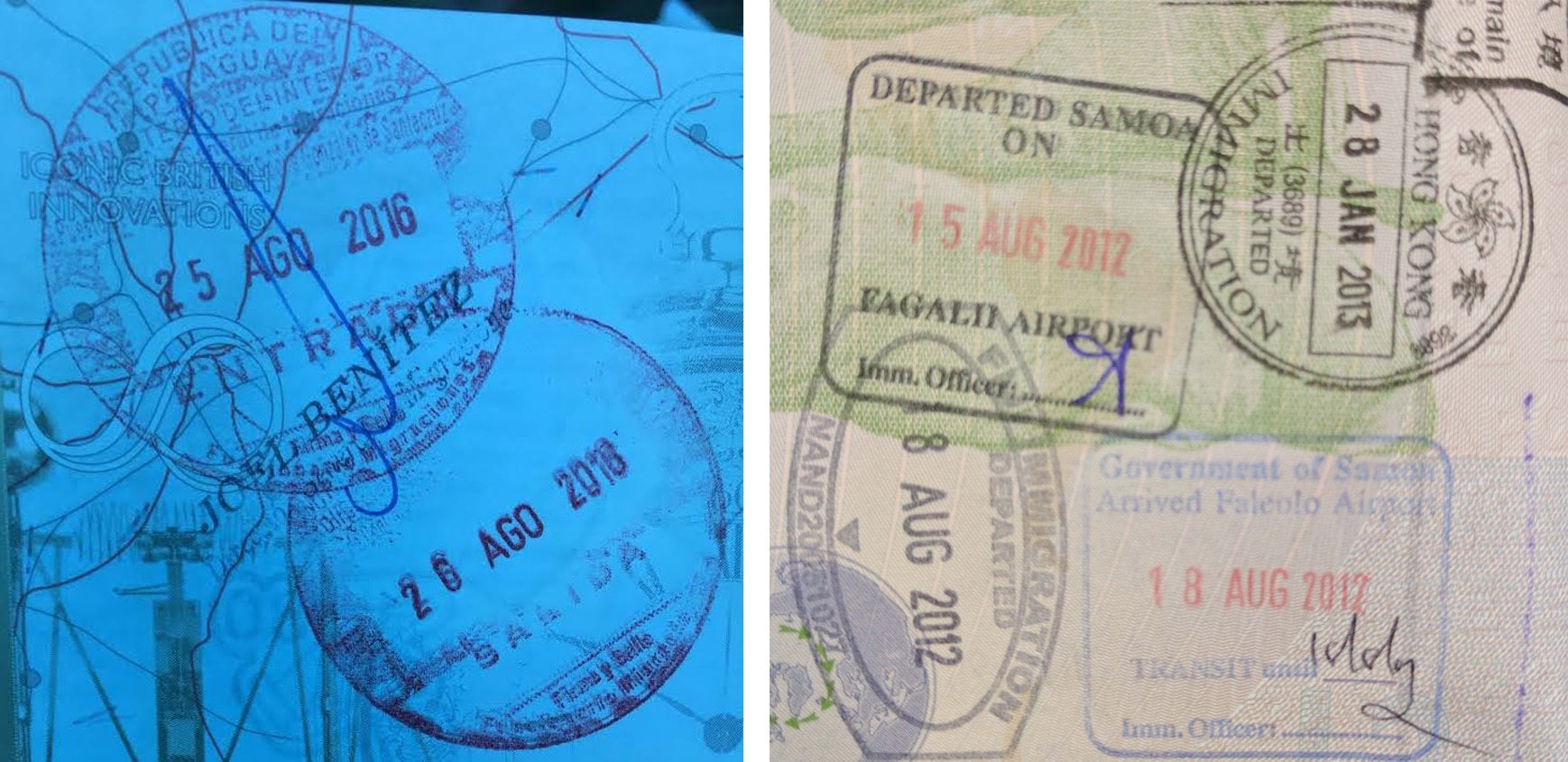 Passport stamp for Paraguay and Samoa