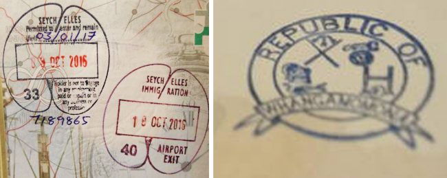 Passport stamps for Seychelles and Whangamomona