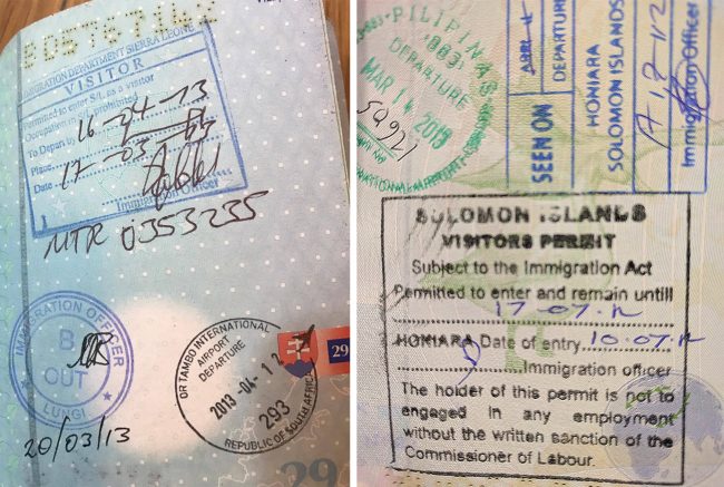 Passport stamps for Sierra Leone and Solomon Islands