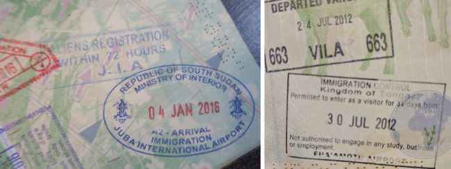 Passport stamps for South Sudan and Tonga