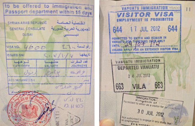 Passport stamps for Syria and Vanuatu