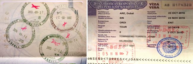 Passport stamps for Angola and Azerbaijan