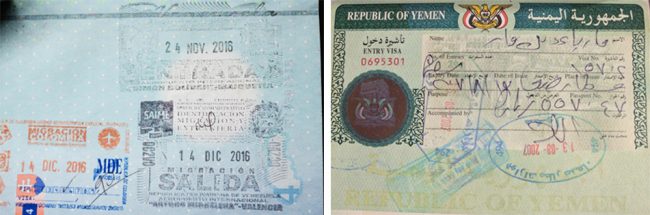 Passport stamps for Venezuela and Yemen