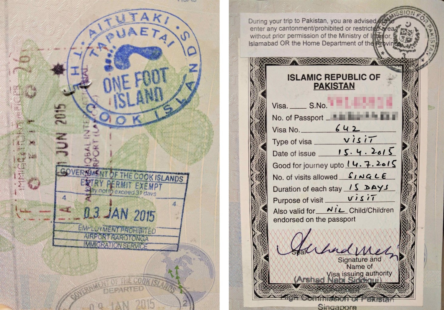Passport stamps for One Foot Island and Pakistan