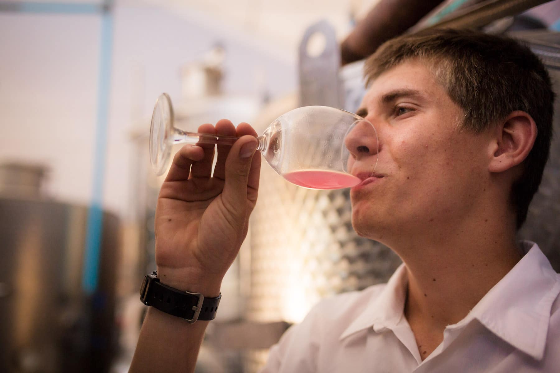 A student tastes the Rosé at about 2% alcohol to get the different characteristics.