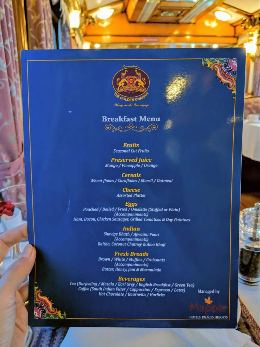 Breakfast menu on the Golden Chariot