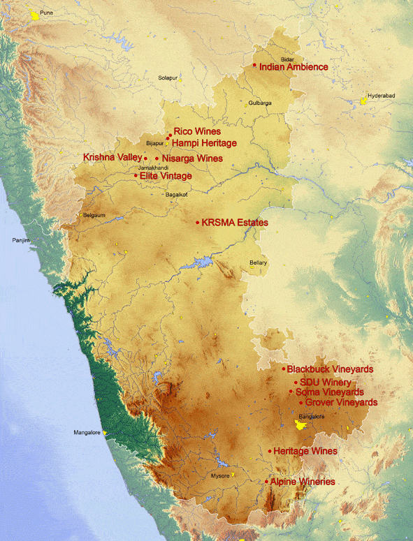 Map of the wine regions of Karnataka