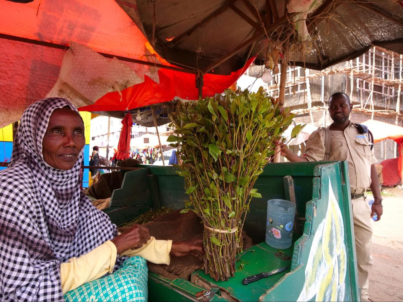 Our Somaliland SPU police escort chatting to a khat seller in Hargeisa