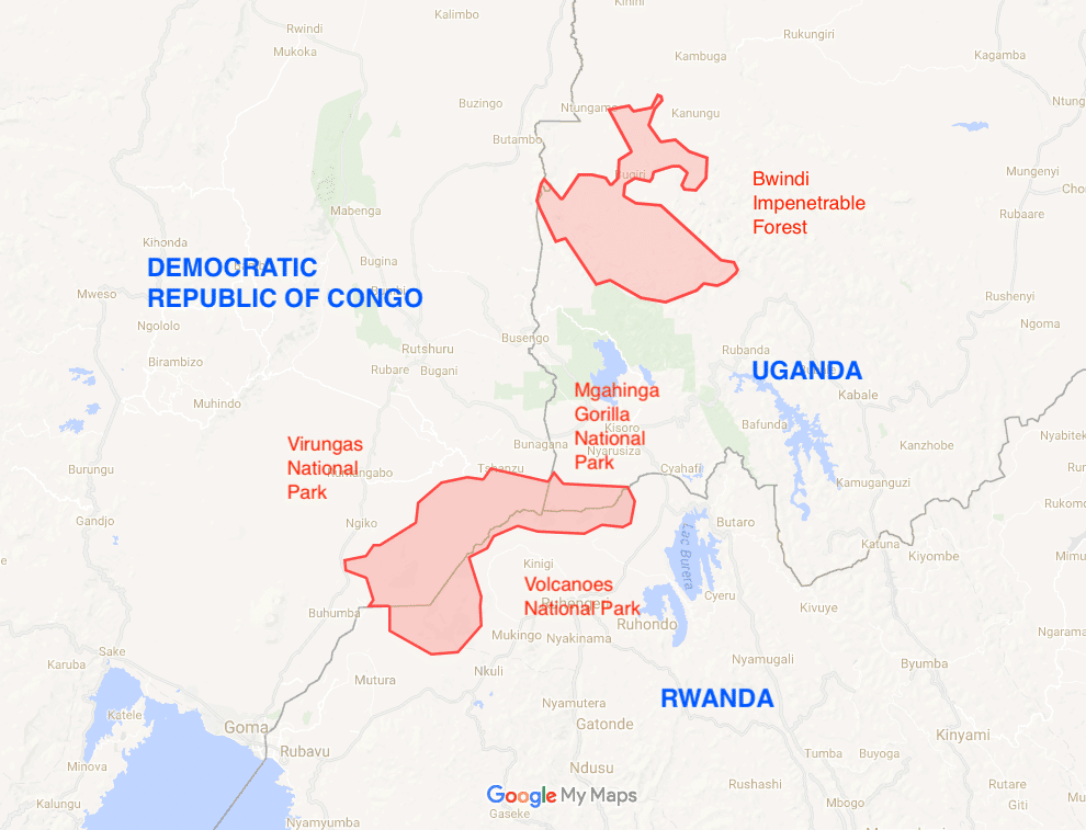 Map of mountain gorilla locations