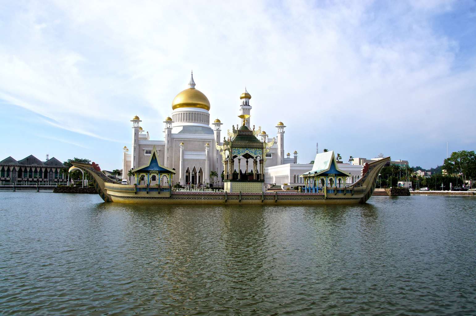 Mosque over water with boat