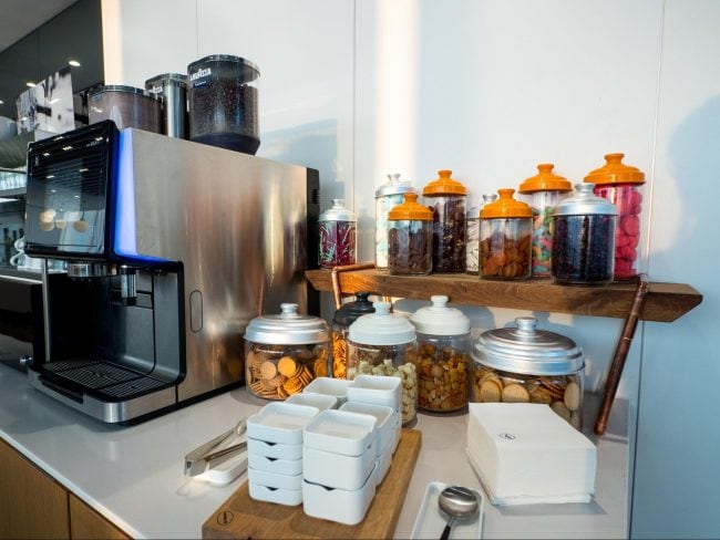 Coffee, drinks and snacks in Lufthansa Business Class Lounge at Munich Airport