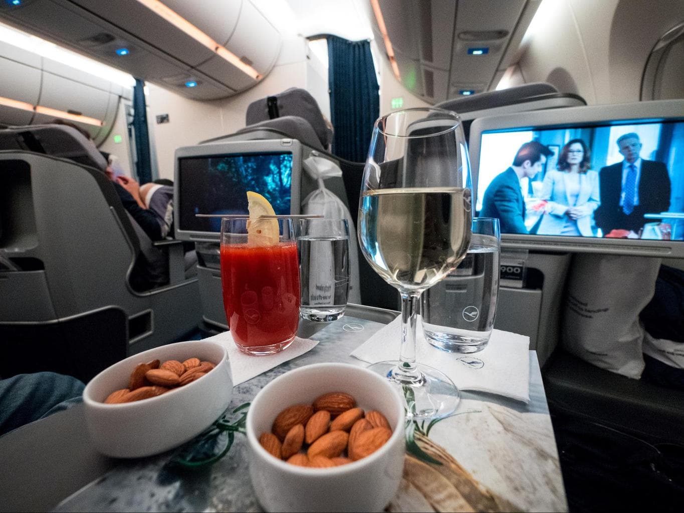 Lufthansa Business Class drinks and snacks after take-off