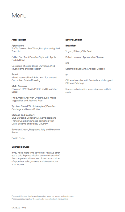 Lufthansa A380 Business Class menu