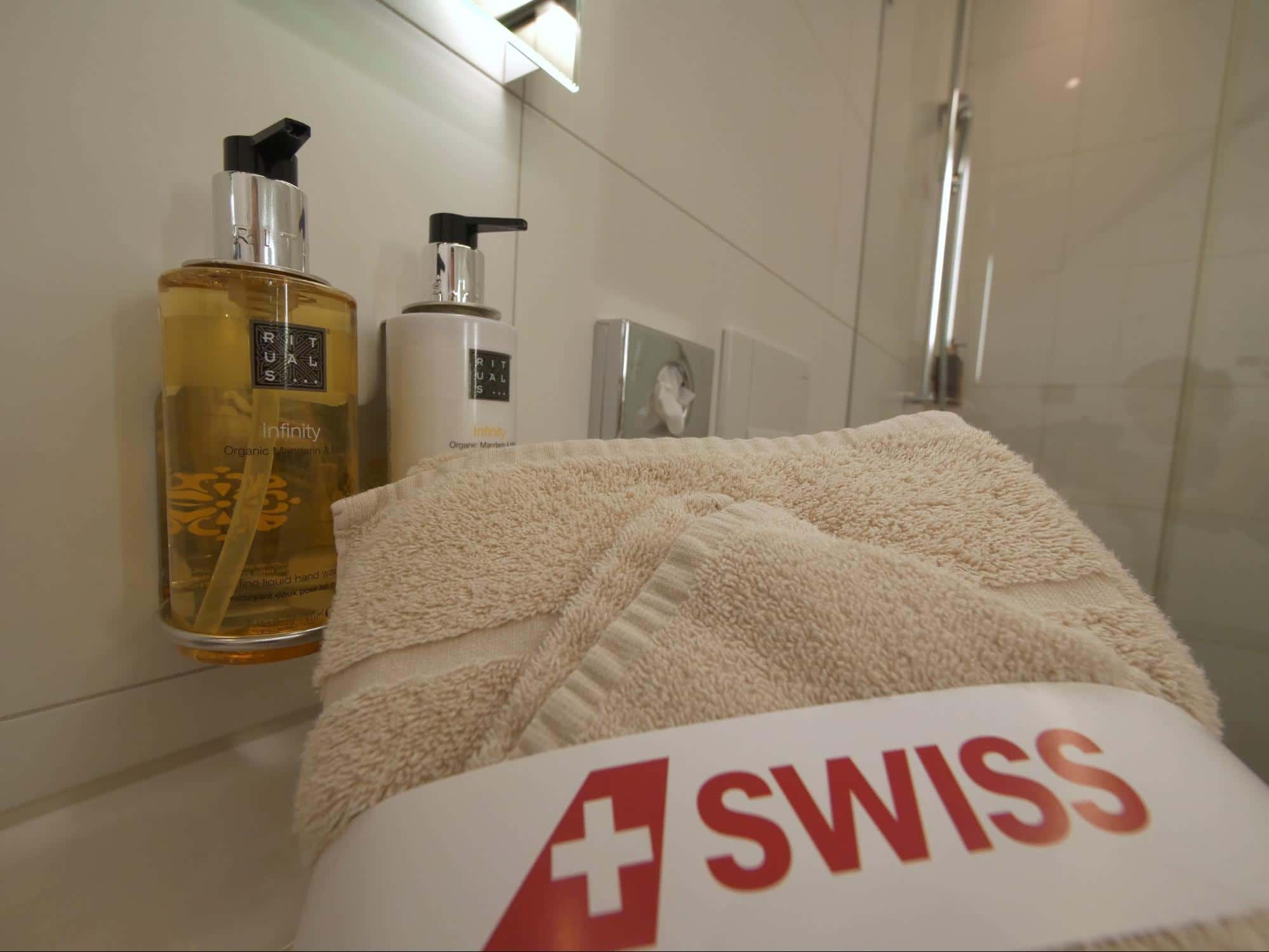 Shower amenities at Swiss arrival lounge in Zurich