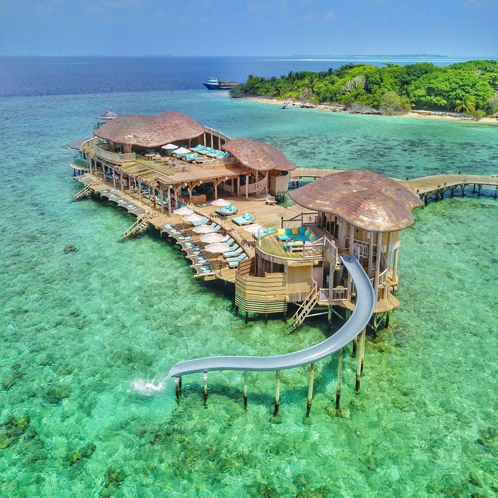 Out of the Blue restaurant at Soneva Fushi drone shot