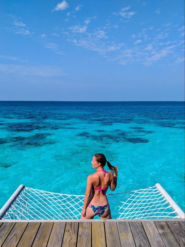 Outdoor deck of the over water villas at Joali Maldives