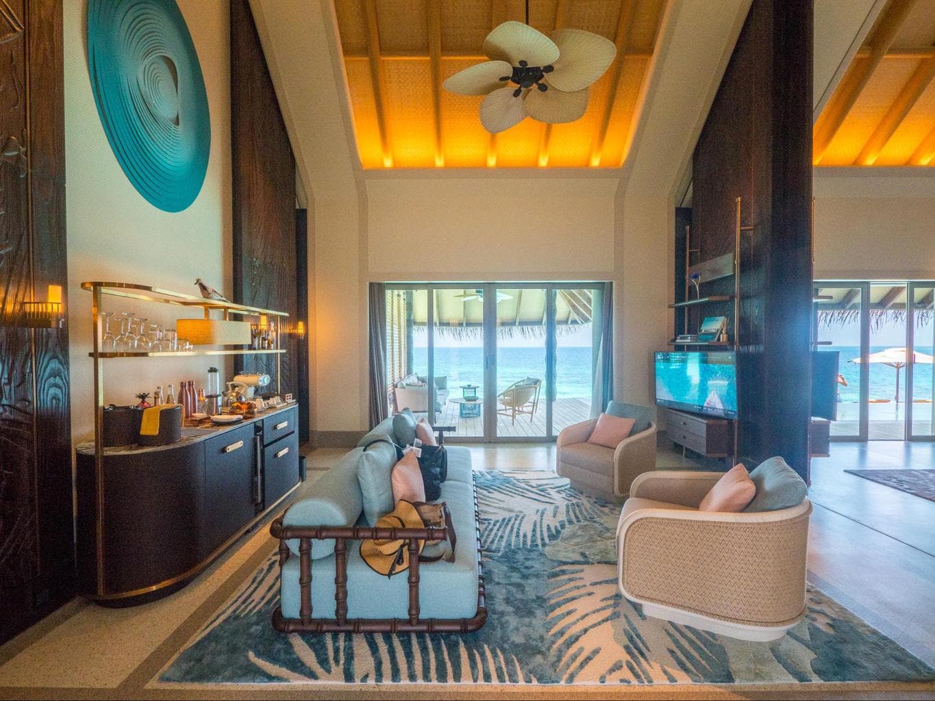 The living room inside Joali’s Luxury Water Villas