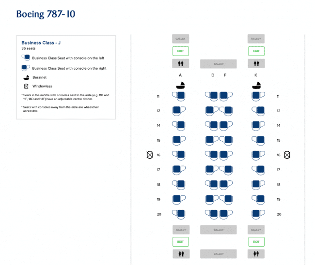 Seat map on Singapore Airlines B787-10 Business Class