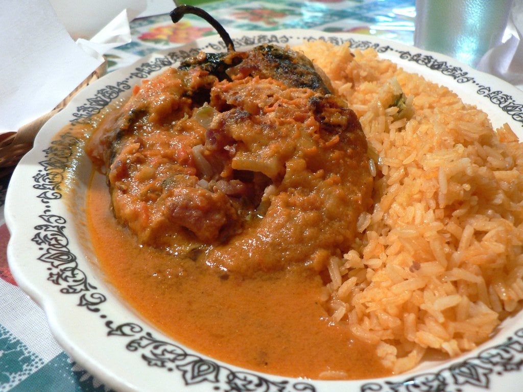 Chiles rellenos, or stuffed peppers filled with pork, breaded and deep fried