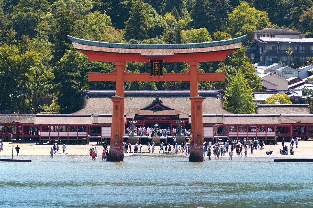 The floating Miyajima torii gate at low tide