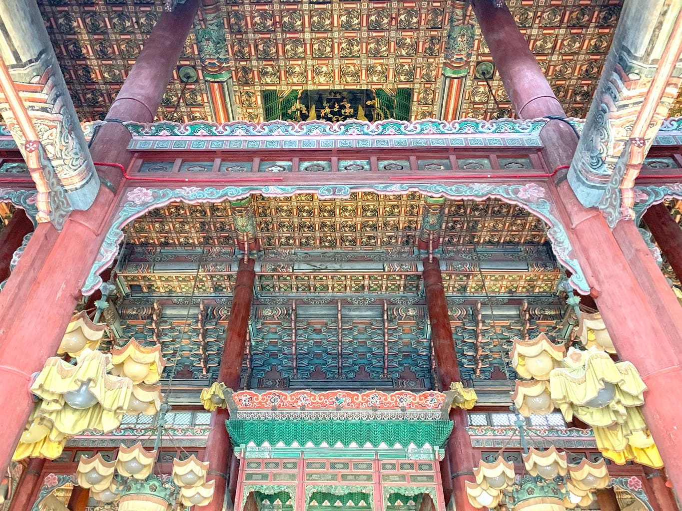 The intricate ceiling at Injeongjeon