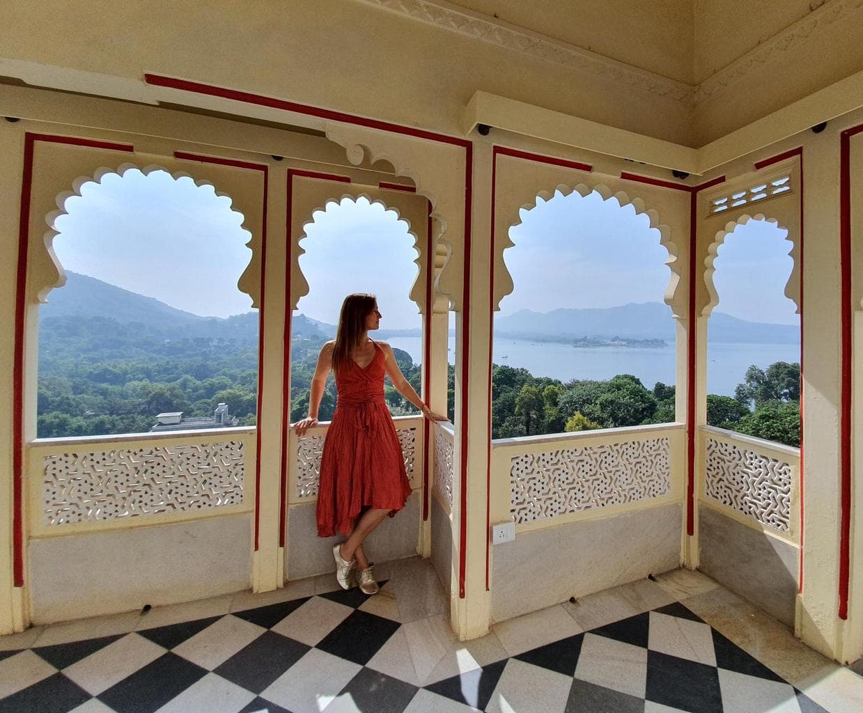 Balconies with lake views at Shiv Niwas Palace