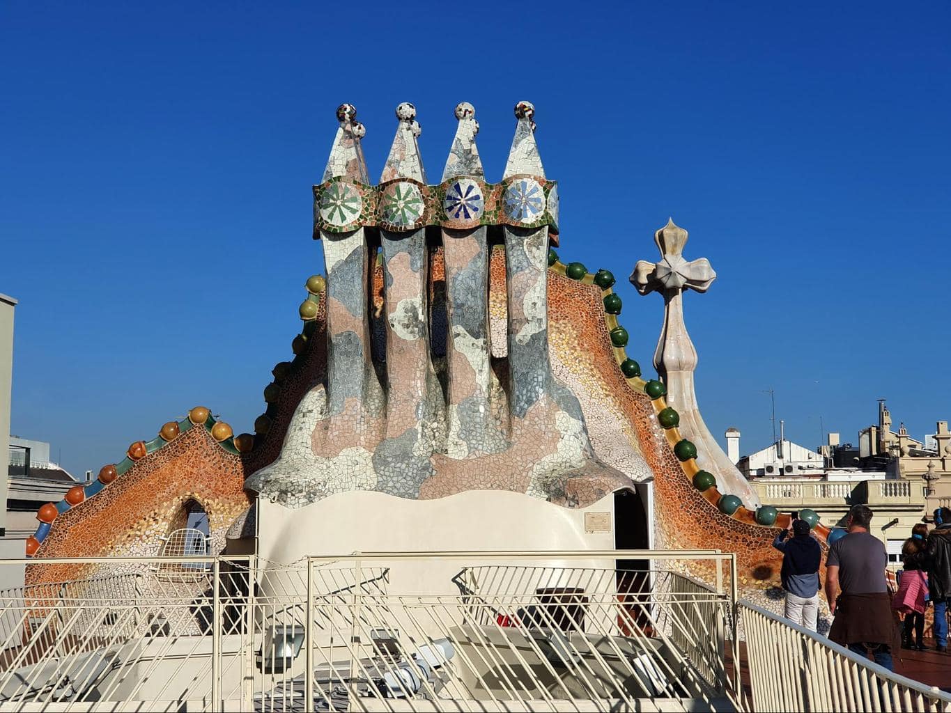 Gaudi’s famous chimneys on the roof of Casa Batlló