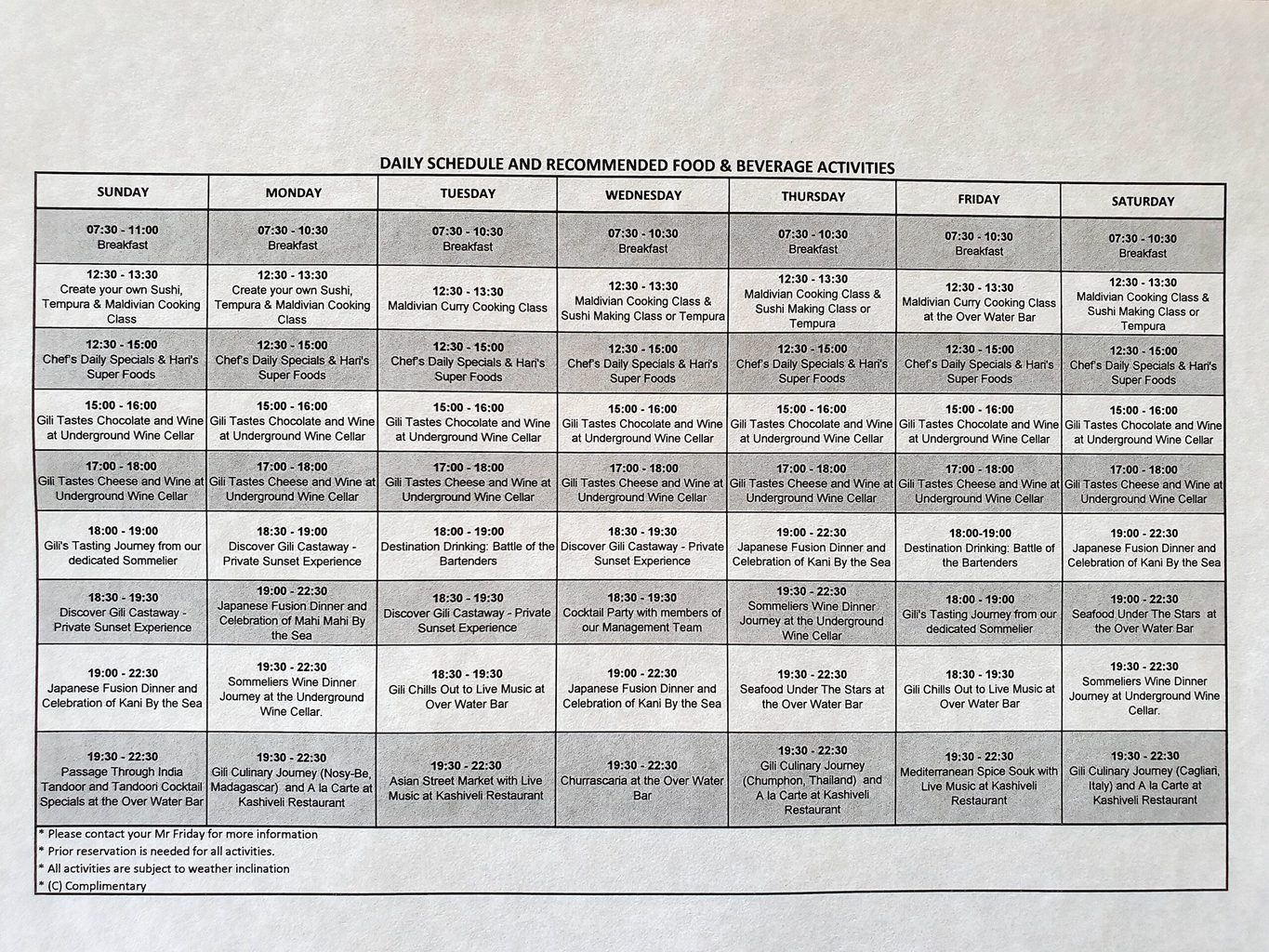 Gili Lankanfushi weekly sample schedule of activities