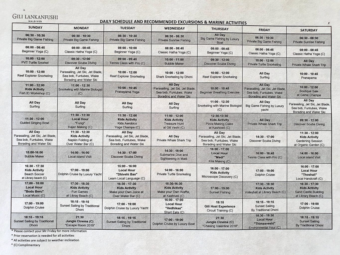 Gili Lankanfushi weekly sample schedule of activities