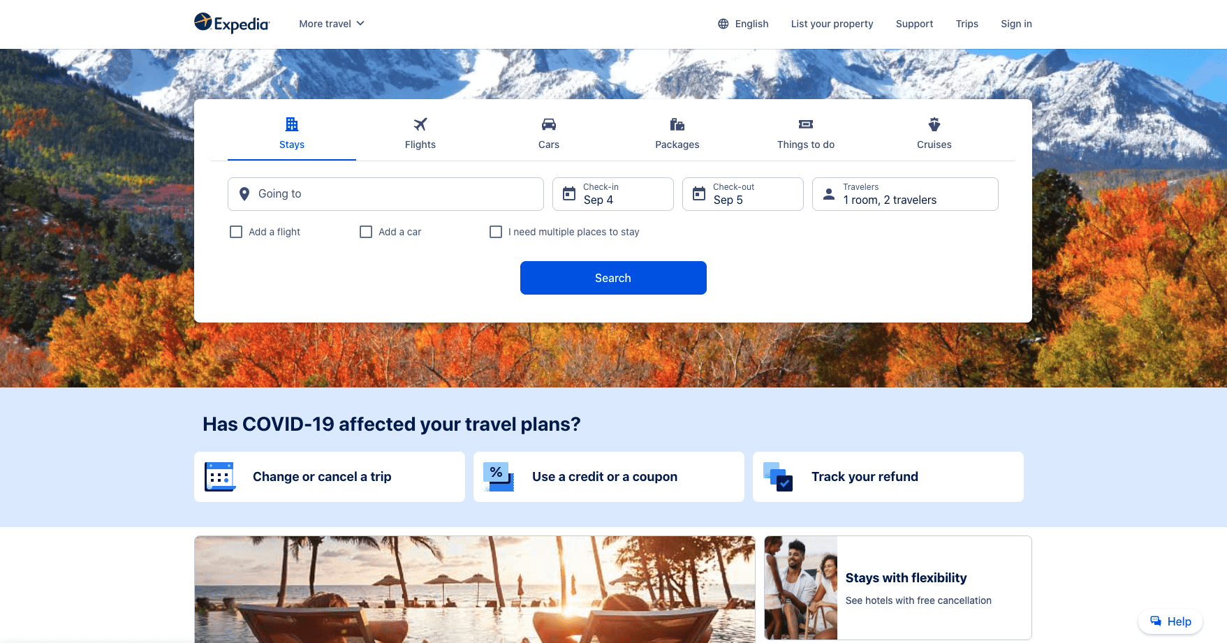 Expedia homepage