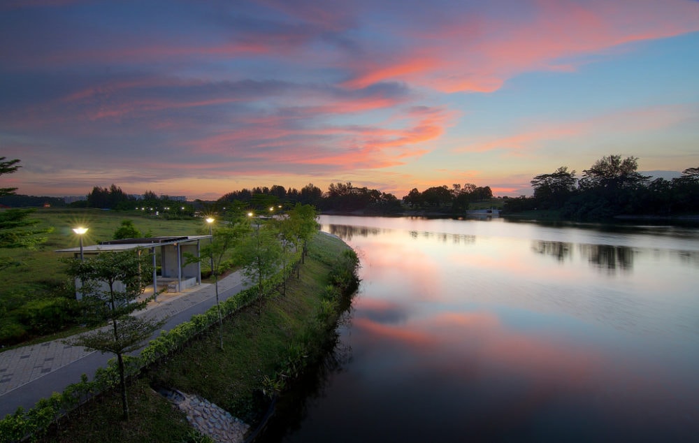 Punggol Park Connector at sunset. Over 80% of the North Eastern Riverine Loop runs along scenic waterways.